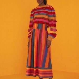 Farm Rio Banana Sky Stripes Organic Cotton Midi Skirt Size L